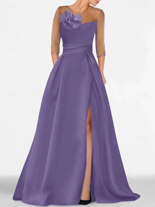 Robe de Mère de la Mariée Coupe A-Line/Princess à Manches 3/4 avec Dentelle et Fente Haute