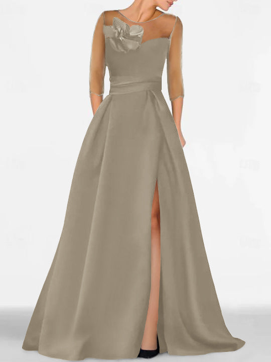 Robe de Mère de la Mariée Coupe A-Line/Princess à Manches 3/4 avec Dentelle et Fente Haute