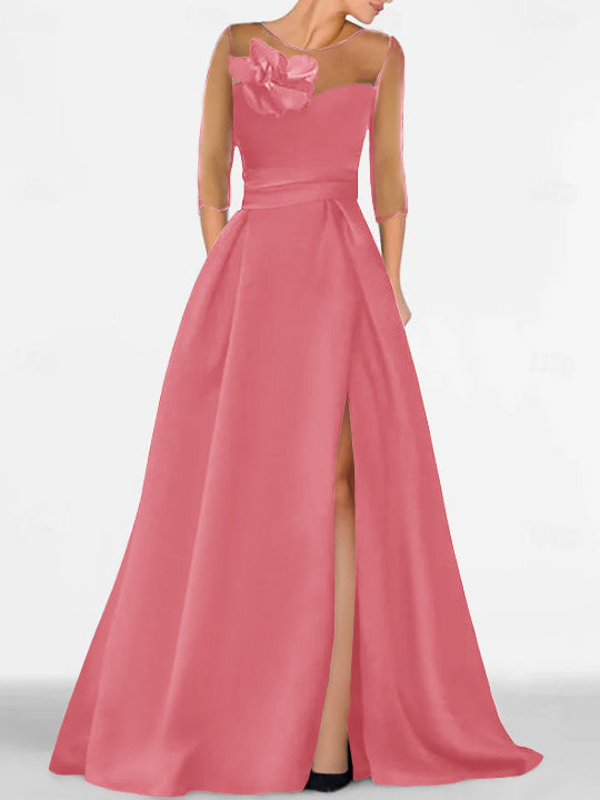 Robe de Mère de la Mariée Coupe A-Line/Princess à Manches 3/4 avec Dentelle et Fente Haute