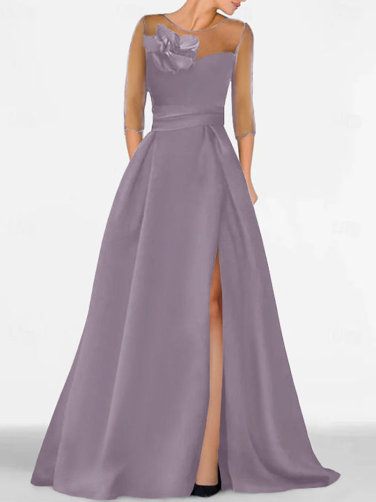 Robe de Mère de la Mariée Coupe A-Line/Princess à Manches 3/4 avec Dentelle et Fente Haute