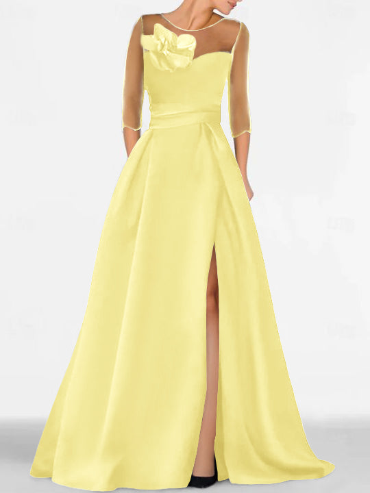 Robe de Mère de la Mariée Coupe A-Line/Princess à Manches 3/4 avec Dentelle et Fente Haute