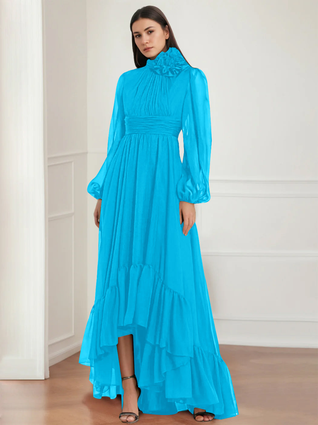 Robe de Mère de la Mariée Asymétrique à Manches Longues et Col Bijou, Coupe A-Line/Princess, avec Fleurs et Volants