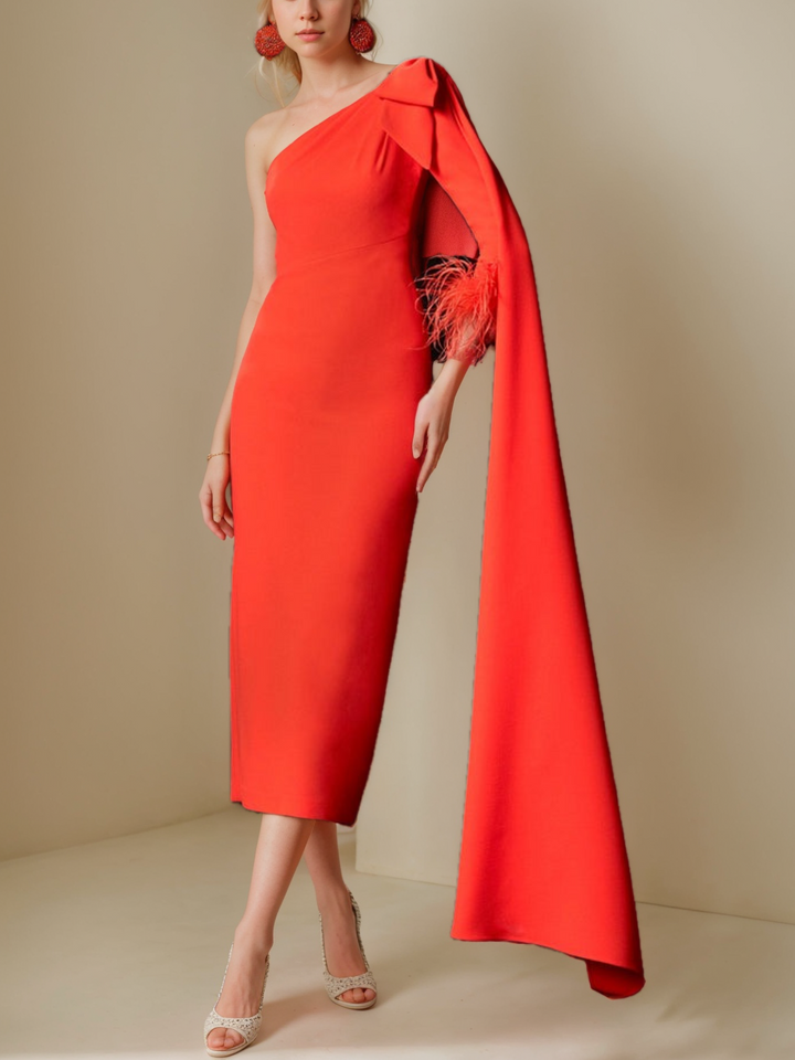 Robe de Mère de la Mariée Unique à Une Épaule et à Une Ligne avec Traîne Watteau et Plumes