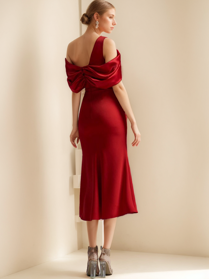 Robes de Mère de la Mariée Fourreau/Colonne à Épaules Dénudées et Manches Courtes, Longueur Thé