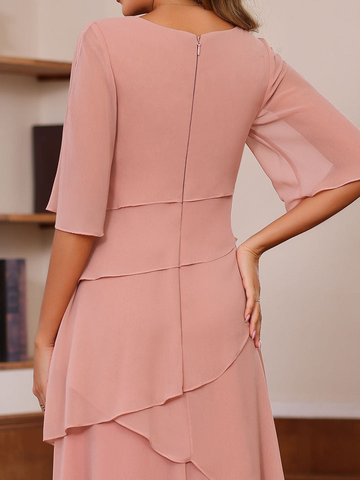 Robe de Mère de la Mariée Coupe A-Line/Princesse, Col Rond, Manches Mi-Longues, Longueur Au Sol, avec Volants