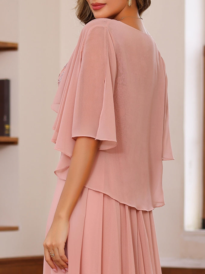 Robe de Mère de la Mariée A-Line/Princess à Col en V, Longueur Au Sol, 2 Photos, avec Appliques et Cache-Cœur