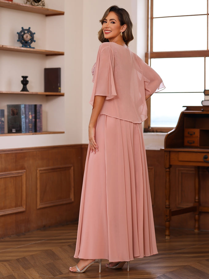 Robe de Mère de la Mariée A-Line/Princess à Col en V, Longueur Au Sol, 2 Photos, avec Appliques et Cache-Cœur