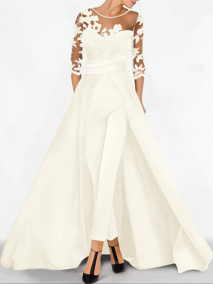 Combinaison pour Mère de la Mariée, Coupe A-Line/Princess, Manches 3/4, Longueur Au Sol, avec Appliqués