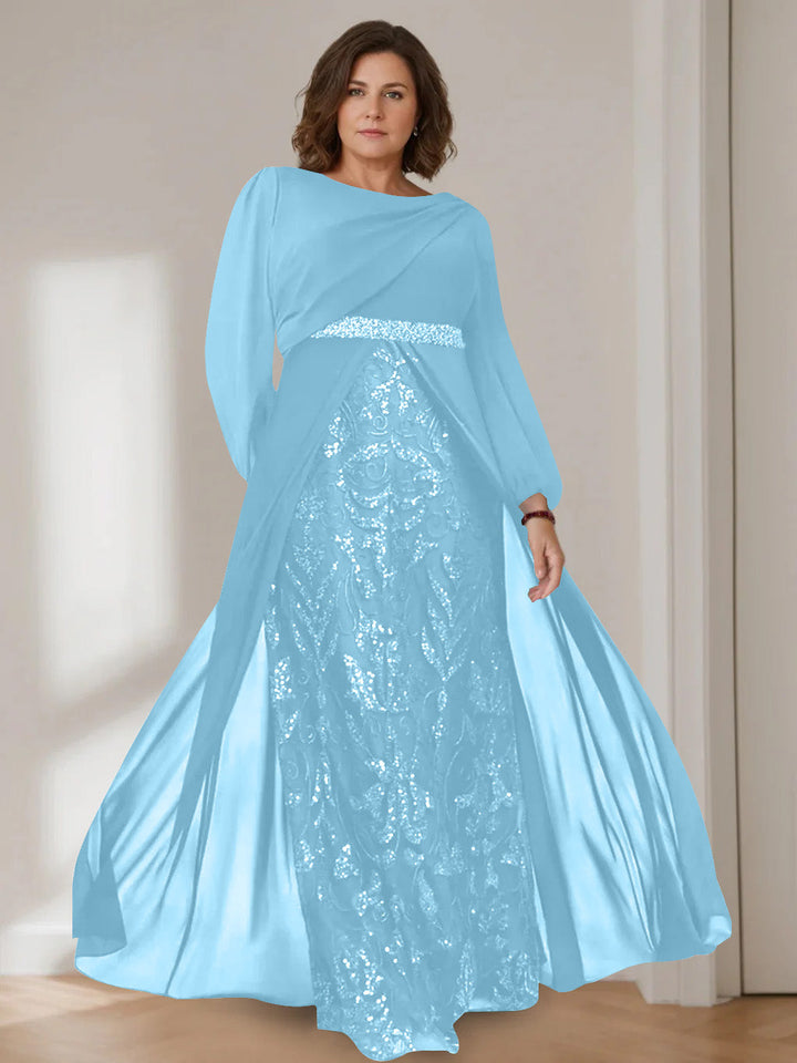 Ligne A/Princesse Scoop Manches Longues La Longueur du Sol Plus Taille Robes Mère de La Mariée avec Paillettes