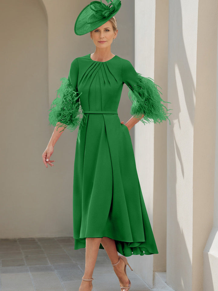 Ligne A/Princesse Scoop Demi-manches Longueur de Thé Robes Mère de La Mariée avec Feathers