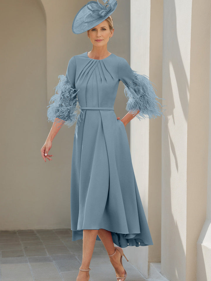 Ligne A/Princesse Scoop Demi-manches Longueur de Thé Robes Mère de La Mariée avec Feathers