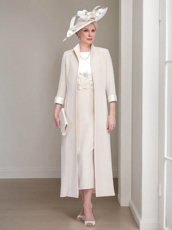 2 Morceaux Col rond Longueur de Thé Robes Mère de La Mariée avec veste & Dentelle Appliques
