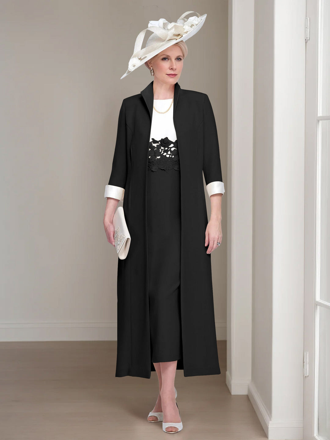 2 Morceaux Col rond Longueur de Thé Robes Mère de La Mariée avec veste & Dentelle Appliques