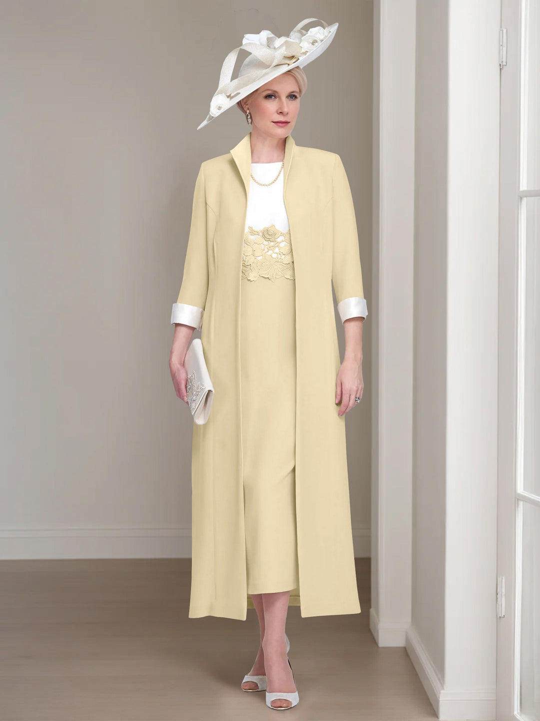 2 Morceaux Col rond Longueur de Thé Robes Mère de La Mariée avec veste & Dentelle Appliques