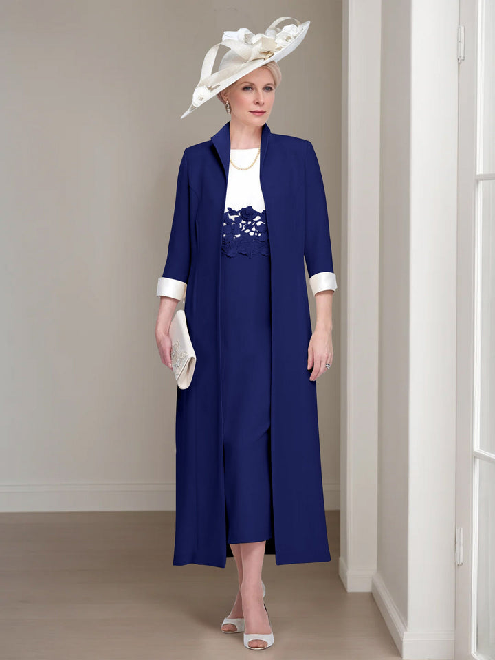 2 Morceaux Col rond Longueur de Thé Robes Mère de La Mariée avec veste & Dentelle Appliques