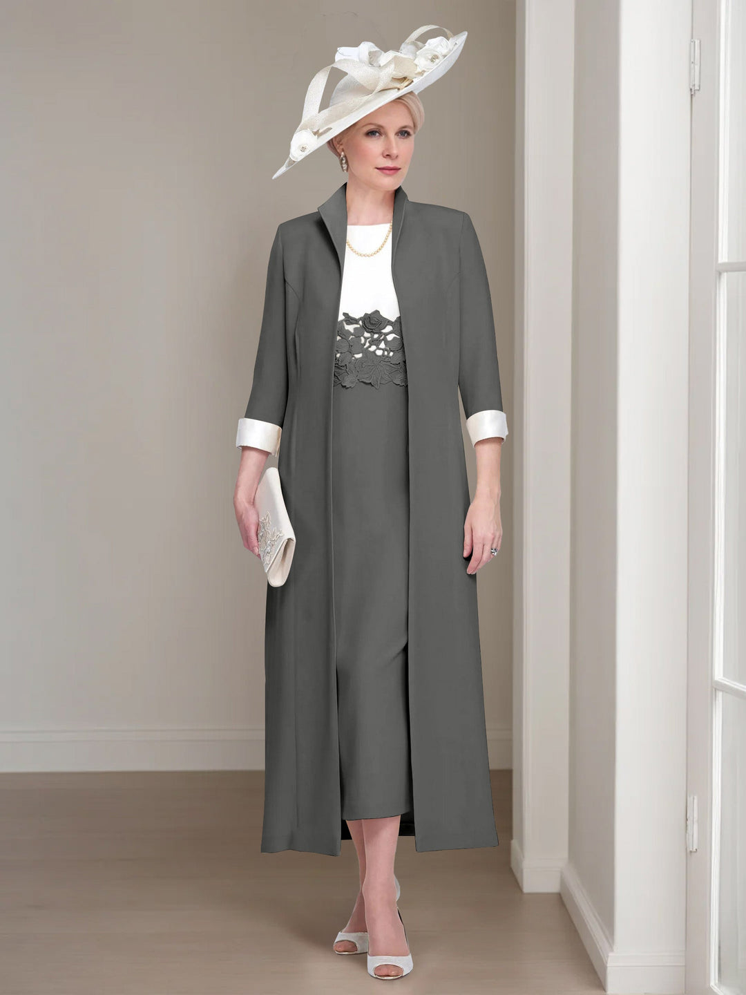 2 Morceaux Col rond Longueur de Thé Robes Mère de La Mariée avec veste & Dentelle Appliques