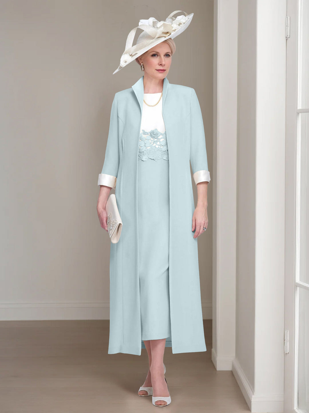 2 Morceaux Col rond Longueur de Thé Robes Mère de La Mariée avec veste & Dentelle Appliques