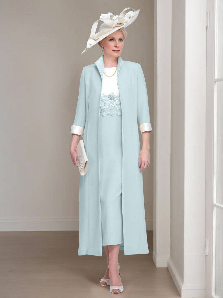 2 Morceaux Col rond Longueur de Thé Robes Mère de La Mariée avec veste & Dentelle Appliques