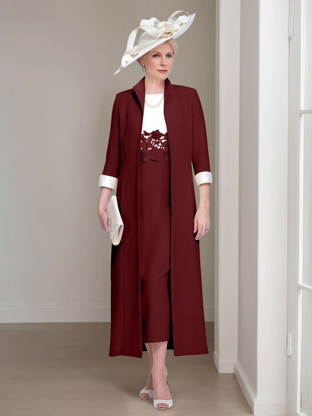 2 Morceaux Col rond Longueur de Thé Robes Mère de La Mariée avec veste & Dentelle Appliques