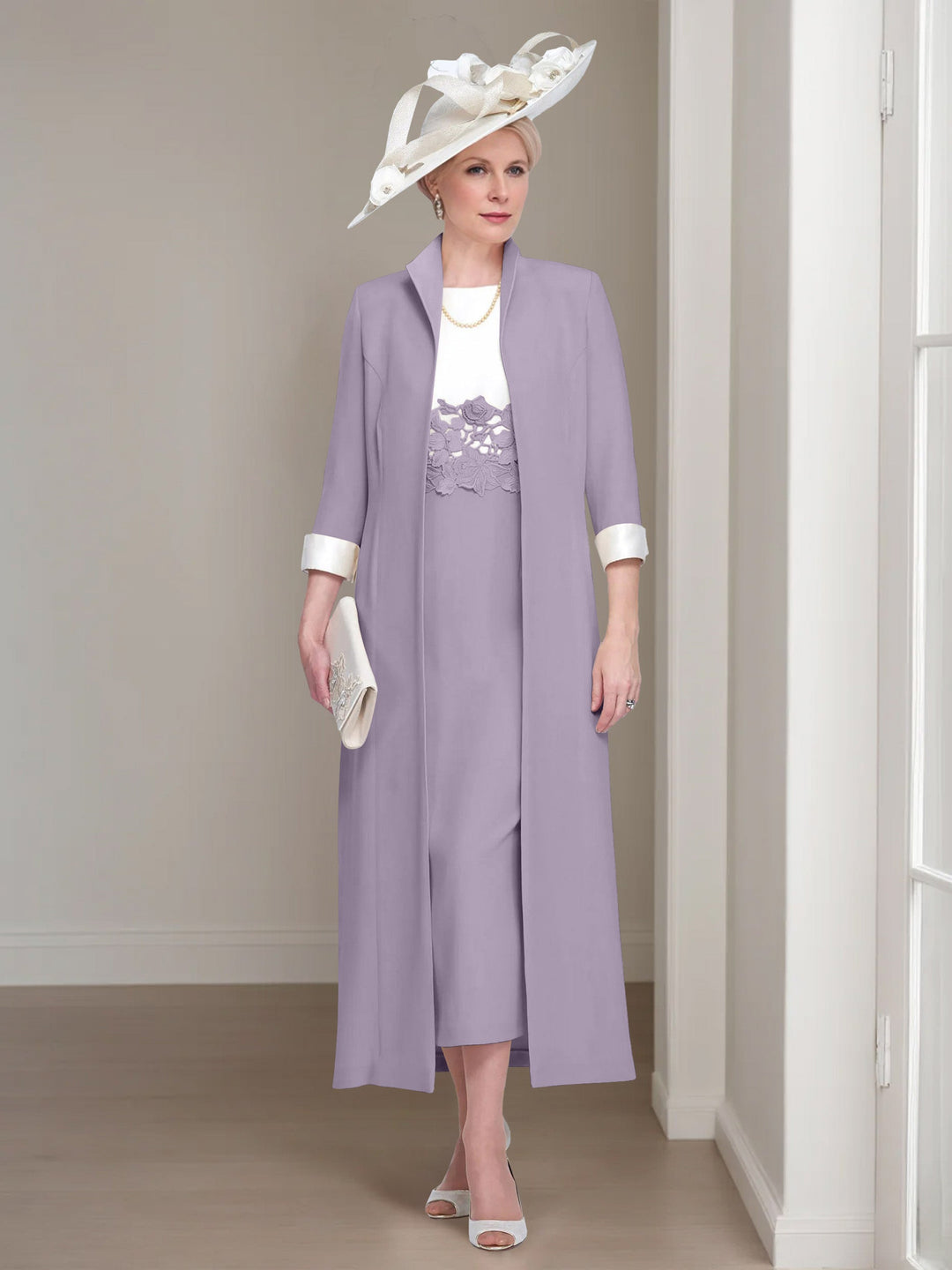 2 Morceaux Col rond Longueur de Thé Robes Mère de La Mariée avec veste & Dentelle Appliques