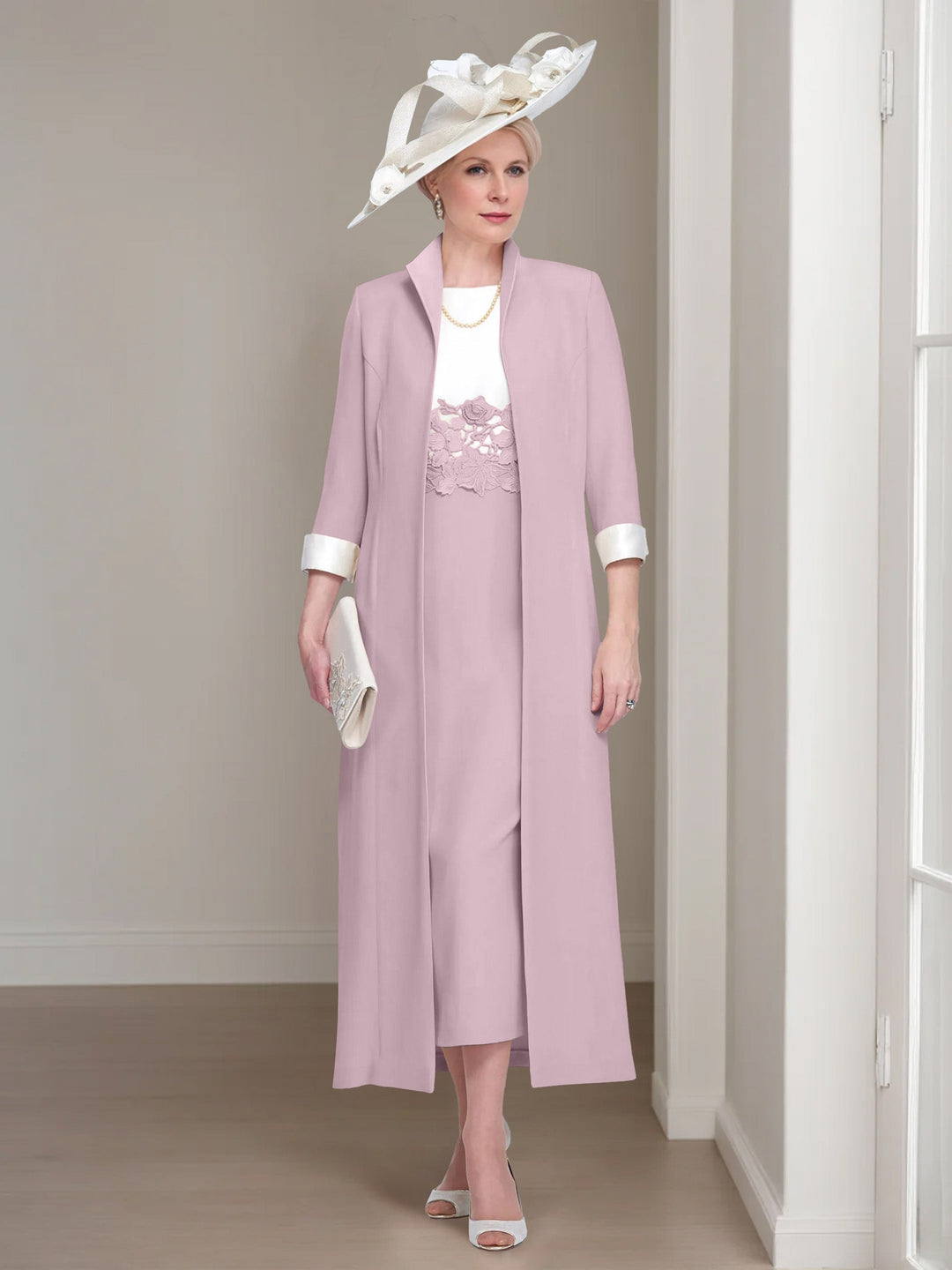 2 Morceaux Col rond Longueur de Thé Robes Mère de La Mariée avec veste & Dentelle Appliques