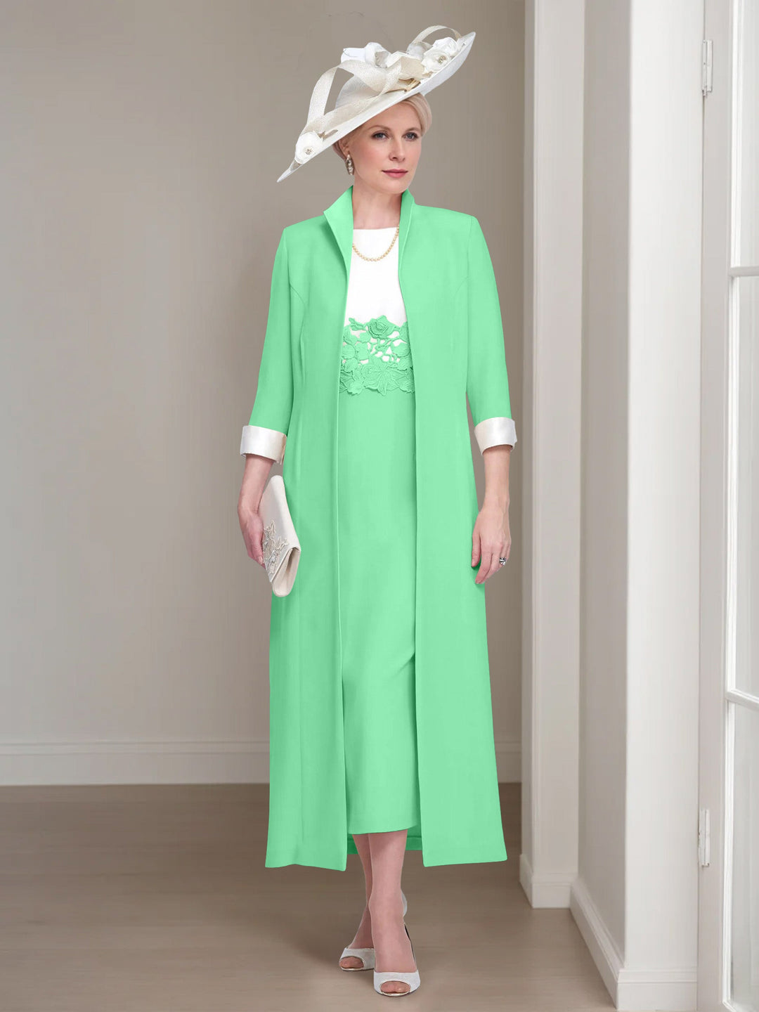 2 Morceaux Col rond Longueur de Thé Robes Mère de La Mariée avec veste & Dentelle Appliques