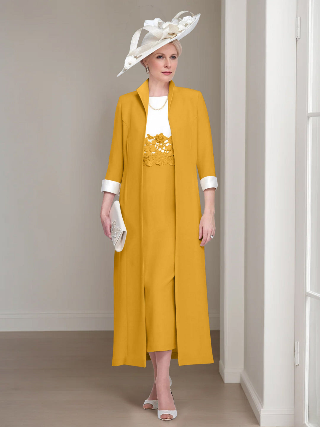 2 Morceaux Col rond Longueur de Thé Robes Mère de La Mariée avec veste & Dentelle Appliques