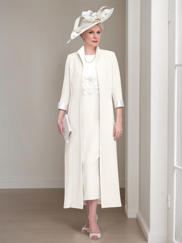 2 Morceaux Col rond Longueur de Thé Robes Mère de La Mariée avec veste & Dentelle Appliques