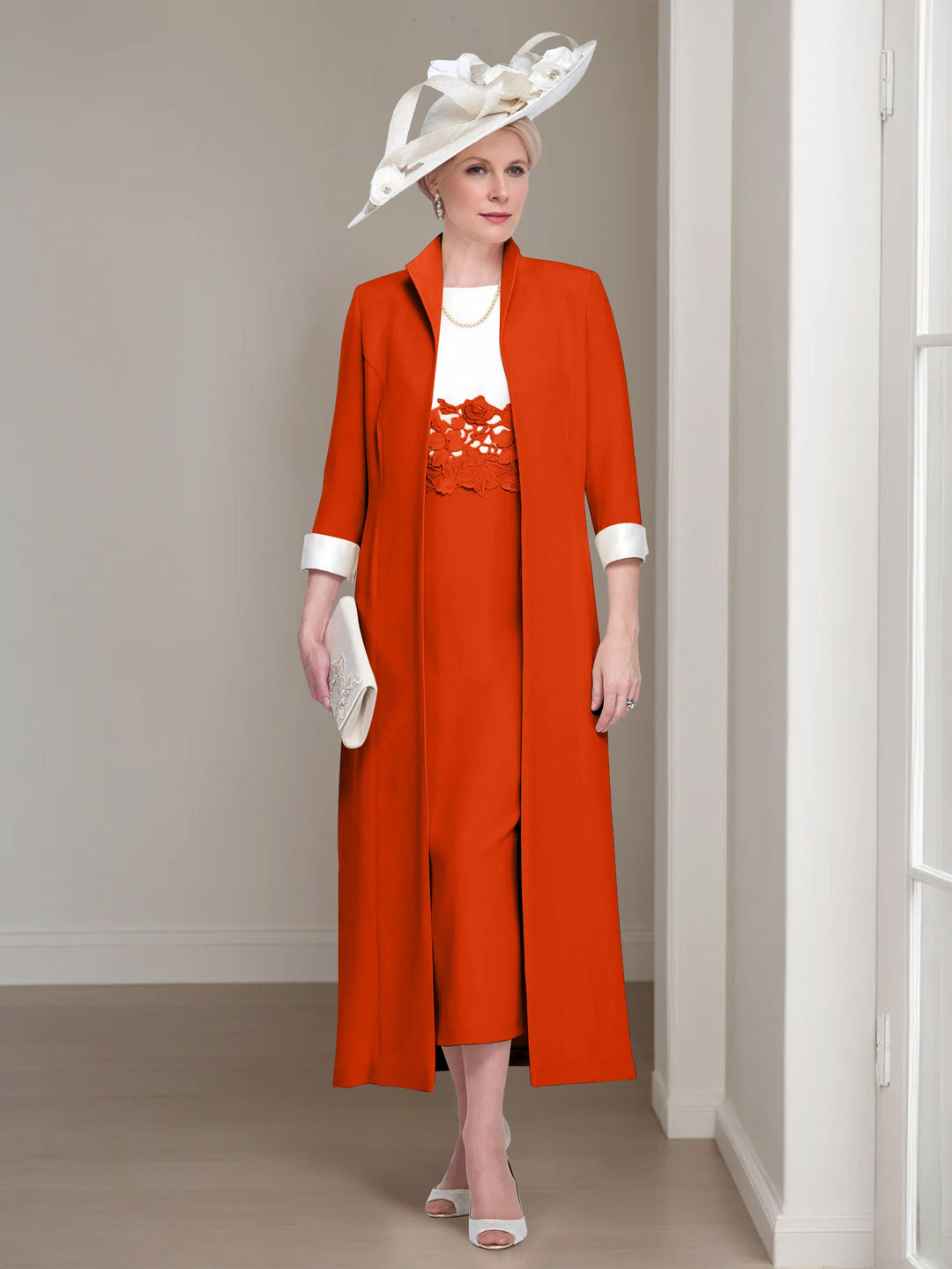 2 Morceaux Col rond Longueur de Thé Robes Mère de La Mariée avec veste & Dentelle Appliques