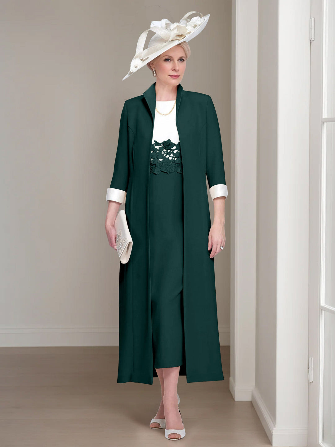 2 Morceaux Col rond Longueur de Thé Robes Mère de La Mariée avec veste & Dentelle Appliques