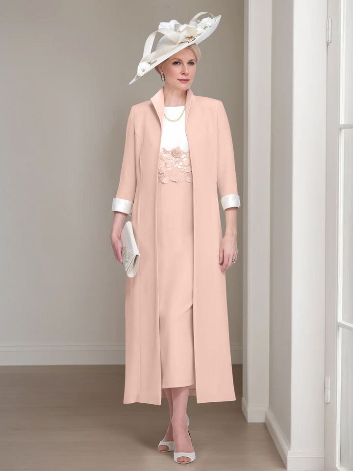 2 Morceaux Col rond Longueur de Thé Robes Mère de La Mariée avec veste & Dentelle Appliques
