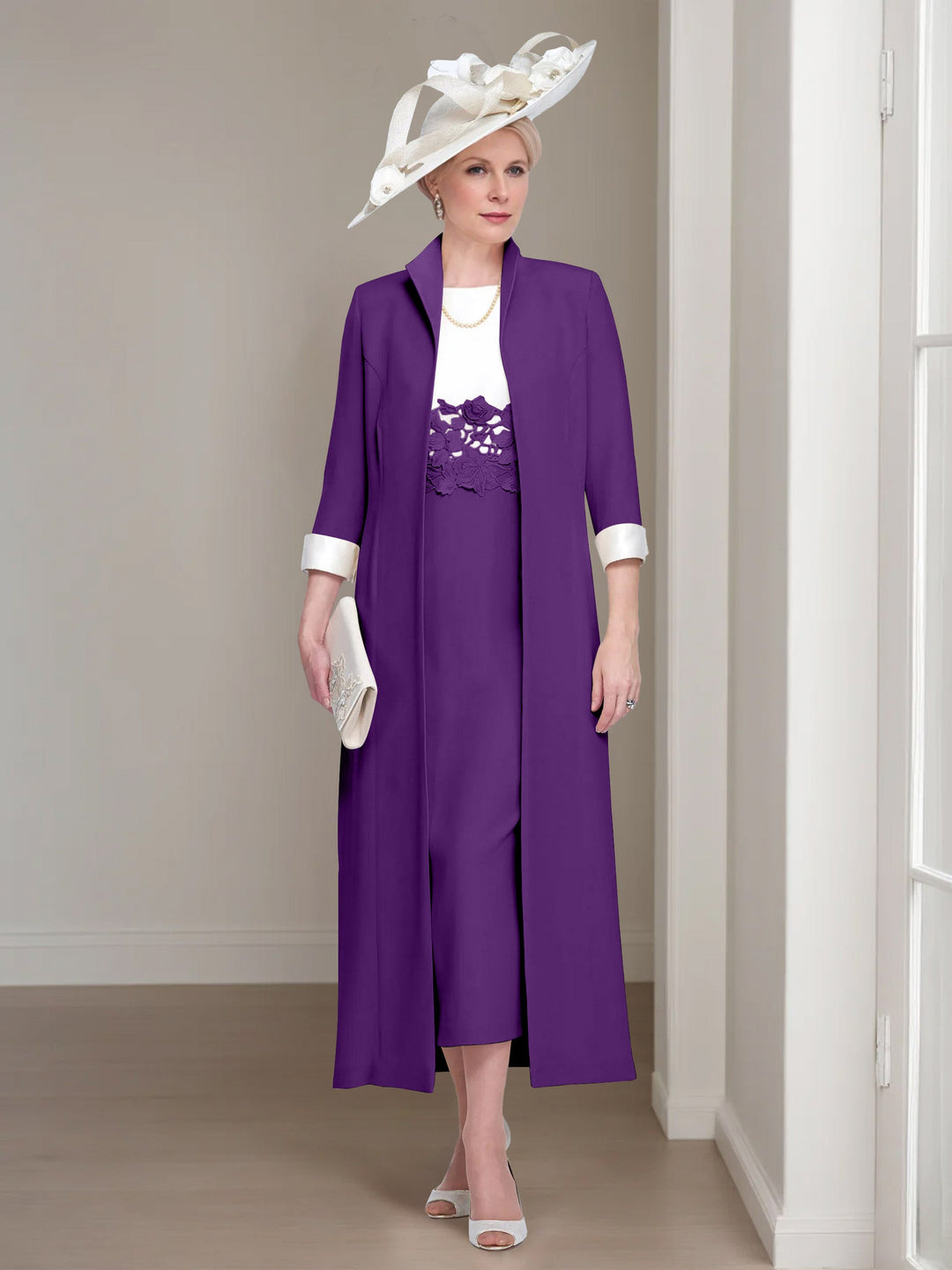 2 Morceaux Col rond Longueur de Thé Robes Mère de La Mariée avec veste & Dentelle Appliques