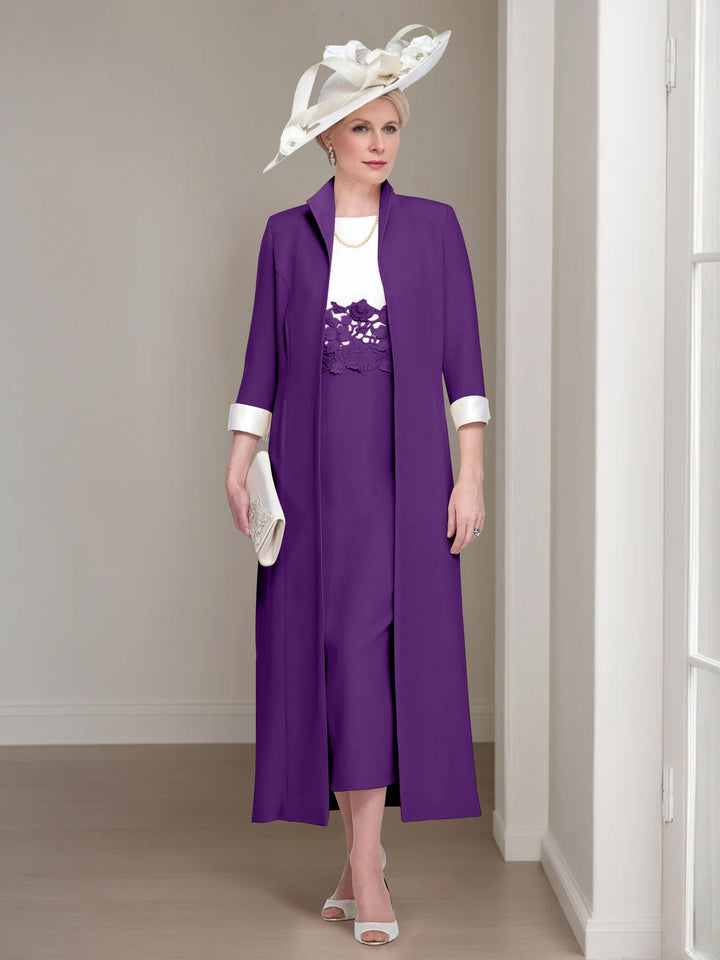 2 Morceaux Col rond Longueur de Thé Robes Mère de La Mariée avec veste & Dentelle Appliques