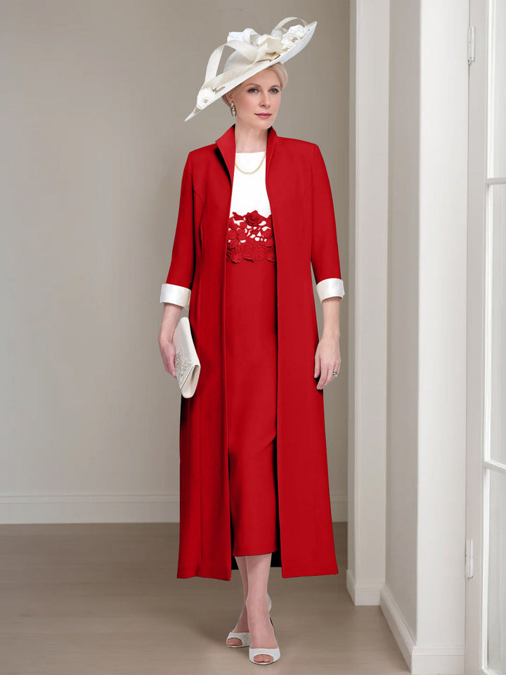 2 Morceaux Col rond Longueur de Thé Robes Mère de La Mariée avec veste & Dentelle Appliques