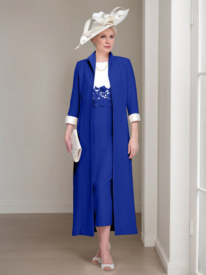 2 Morceaux Col rond Longueur de Thé Robes Mère de La Mariée avec veste & Dentelle Appliques