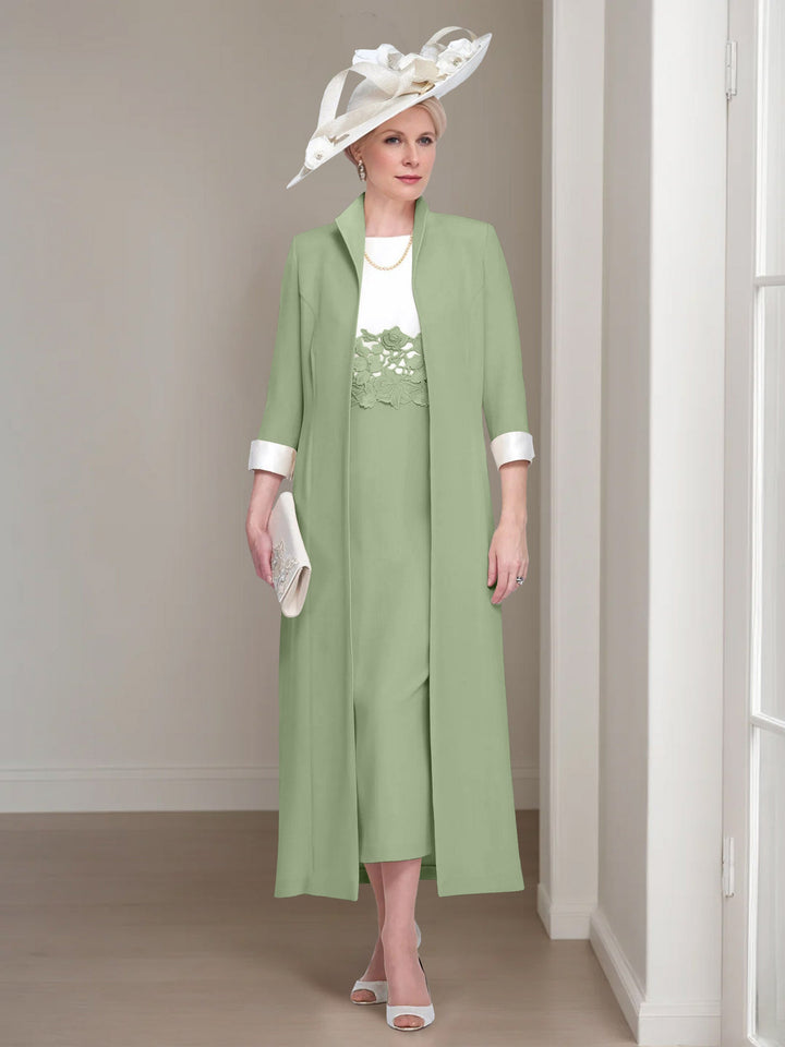 2 Morceaux Col rond Longueur de Thé Robes Mère de La Mariée avec veste & Dentelle Appliques