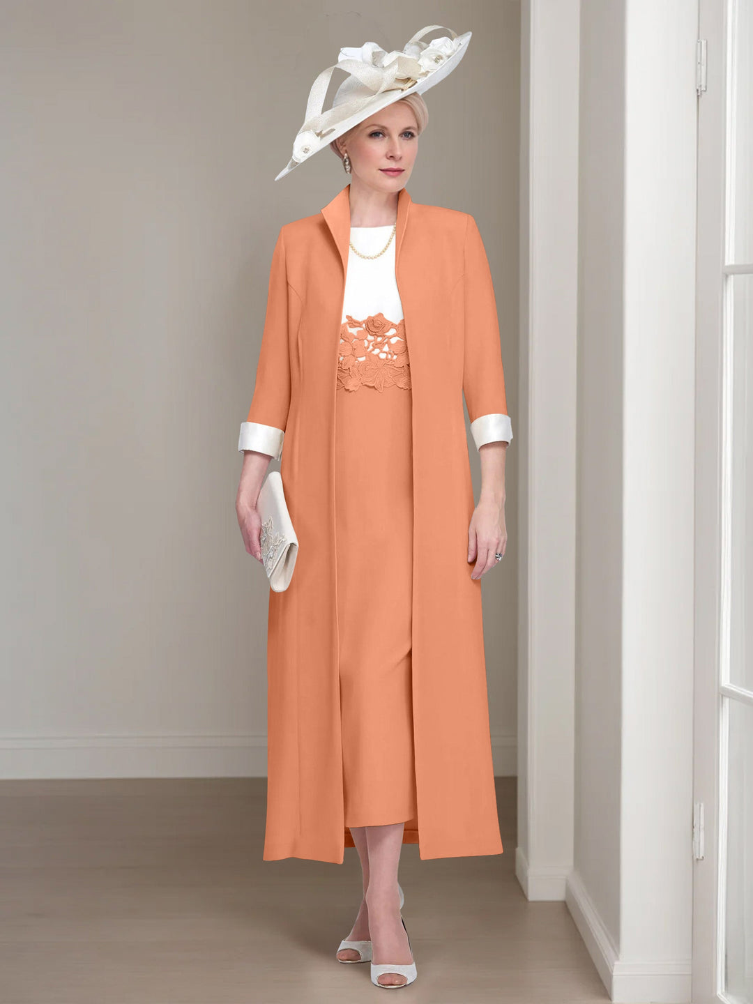 2 Morceaux Col rond Longueur de Thé Robes Mère de La Mariée avec veste & Dentelle Appliques