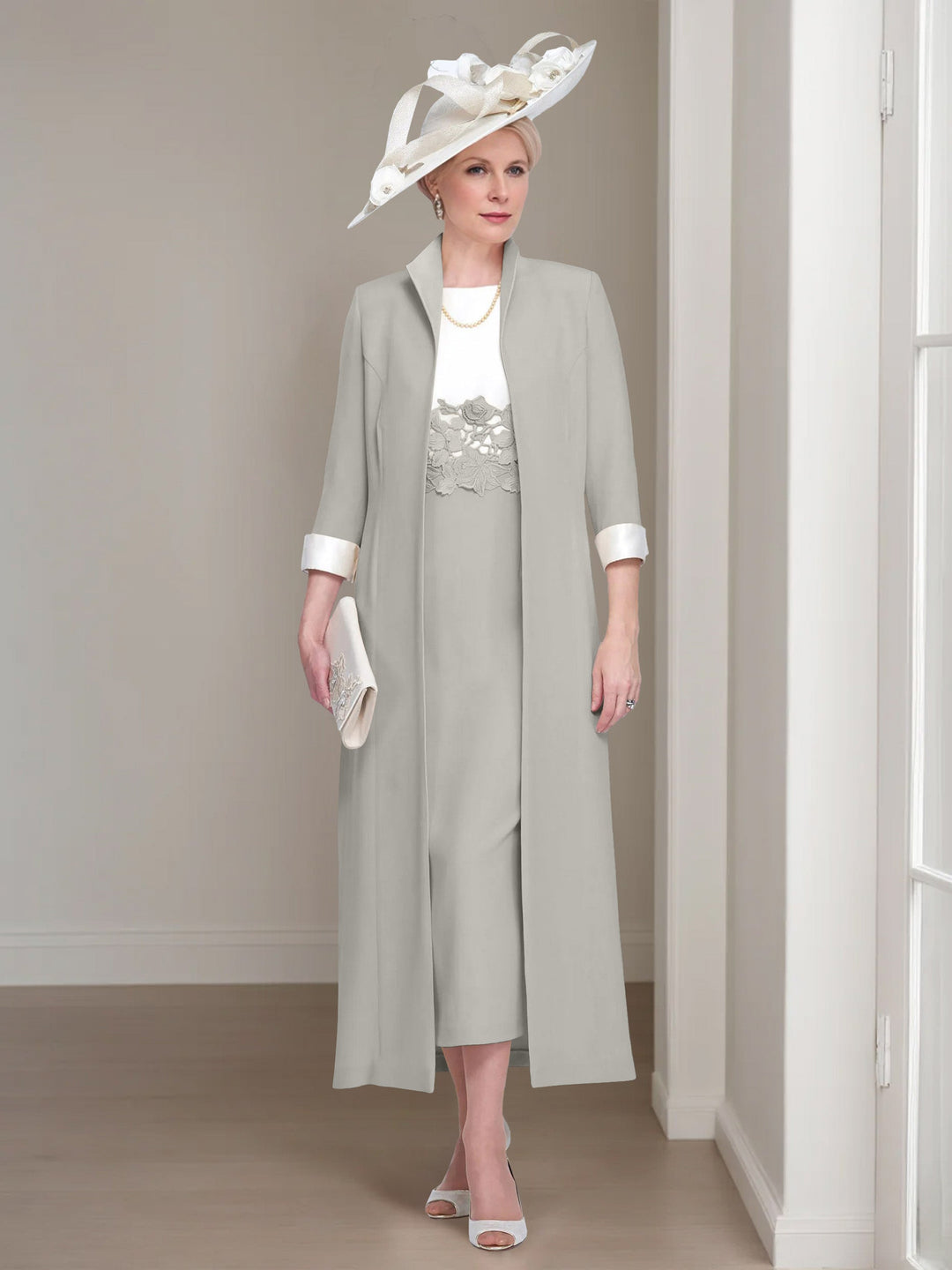 2 Morceaux Col rond Longueur de Thé Robes Mère de La Mariée avec veste & Dentelle Appliques