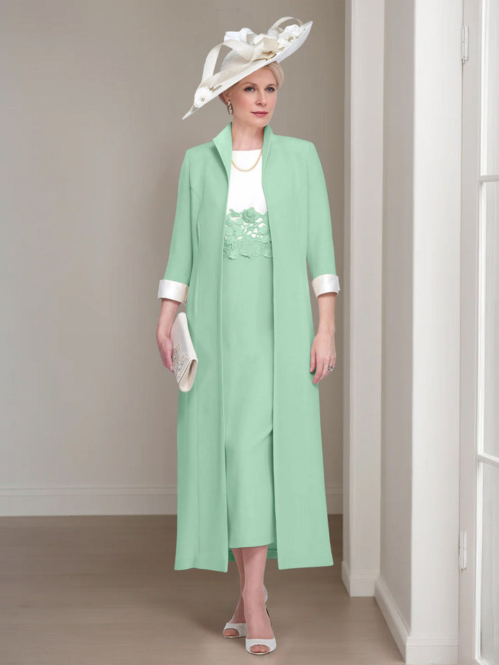 2 Morceaux Col rond Longueur de Thé Robes Mère de La Mariée avec veste & Dentelle Appliques