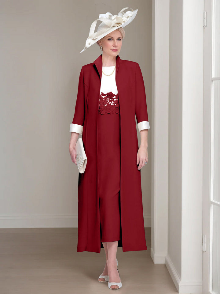 2 Morceaux Col rond Longueur de Thé Robes Mère de La Mariée avec veste & Dentelle Appliques