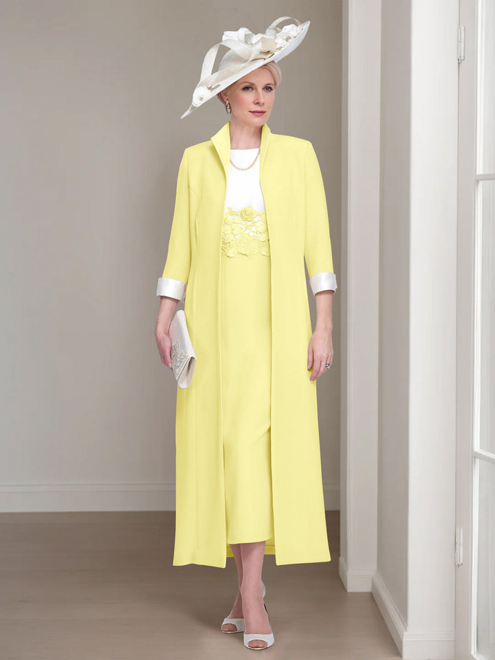 2 Morceaux Col rond Longueur de Thé Robes Mère de La Mariée avec veste & Dentelle Appliques