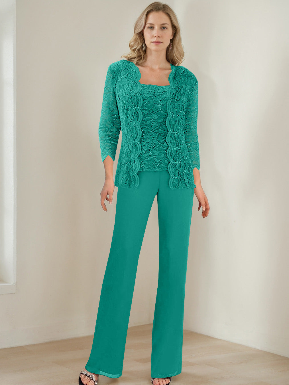 3 Morceaux Carré Neck 3/4 Manches La Longueur du SolTailleurs-pantalons pour mère de la mariée avec Paillettes