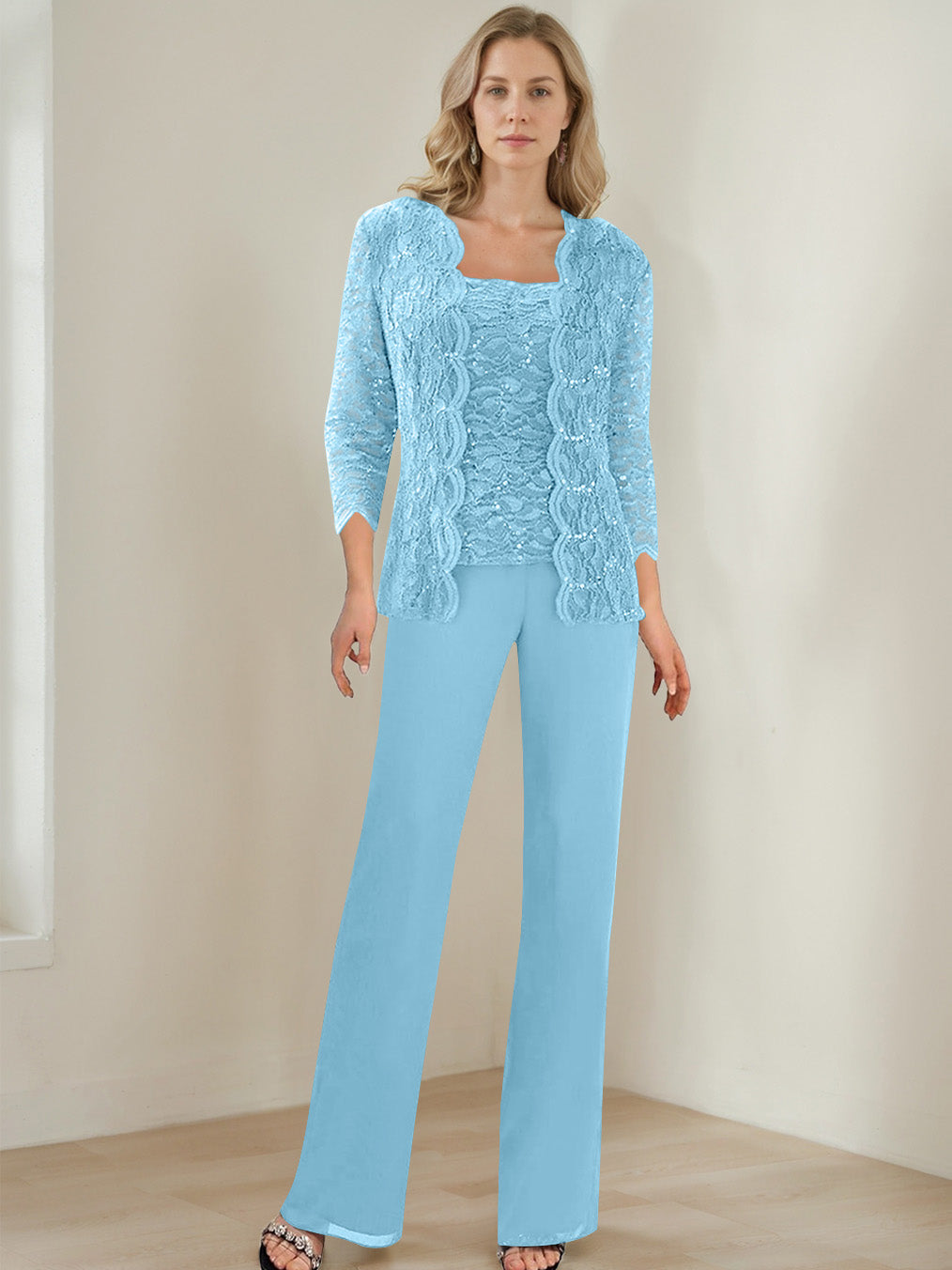 3 Morceaux Carré Neck 3/4 Manches La Longueur du SolTailleurs-pantalons pour mère de la mariée avec Paillettes