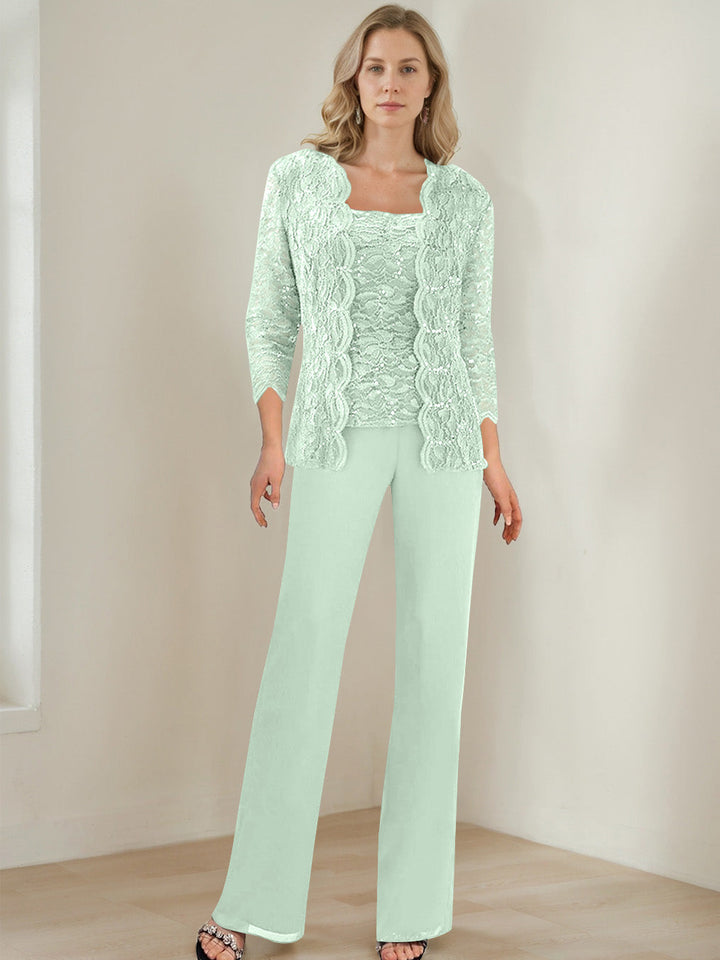 3 Morceaux Carré Neck 3/4 Manches La Longueur du SolTailleurs-pantalons pour mère de la mariée avec Paillettes