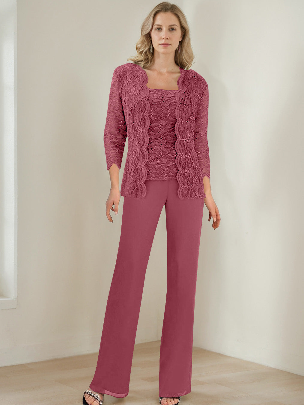 3 Morceaux Carré Neck 3/4 Manches La Longueur du SolTailleurs-pantalons pour mère de la mariée avec Paillettes