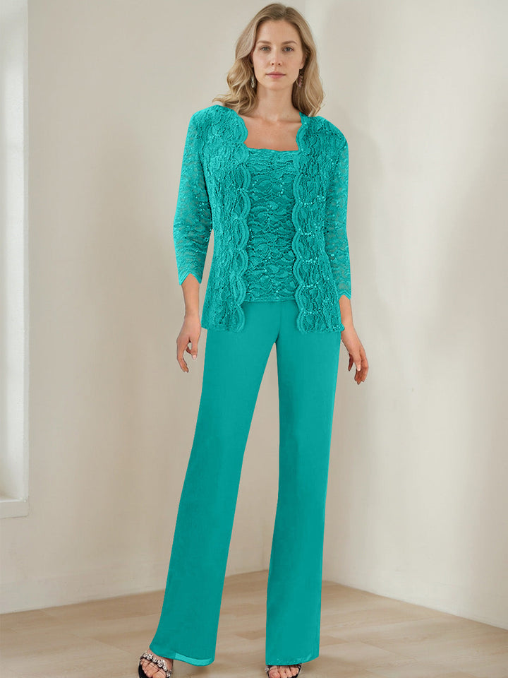 3 Morceaux Carré Neck 3/4 Manches La Longueur du SolTailleurs-pantalons pour mère de la mariée avec Paillettes