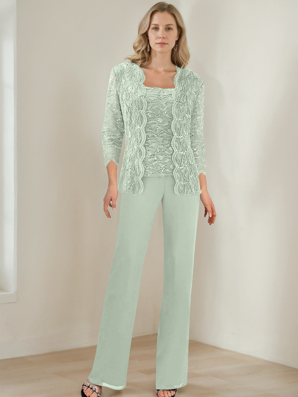 3 Morceaux Carré Neck 3/4 Manches La Longueur du SolTailleurs-pantalons pour mère de la mariée avec Paillettes