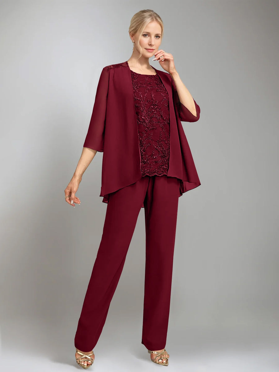 3 Morceaux Scoop Sans Manches La Longueur du SolTailleurs-pantalons pour mère de la mariée avec veste