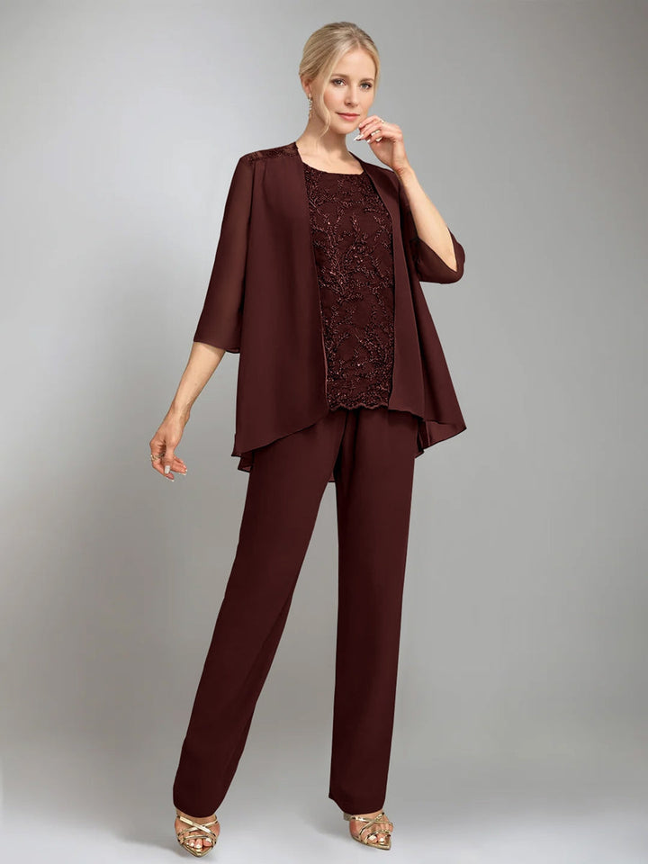 3 Morceaux Scoop Sans Manches La Longueur du SolTailleurs-pantalons pour mère de la mariée avec veste