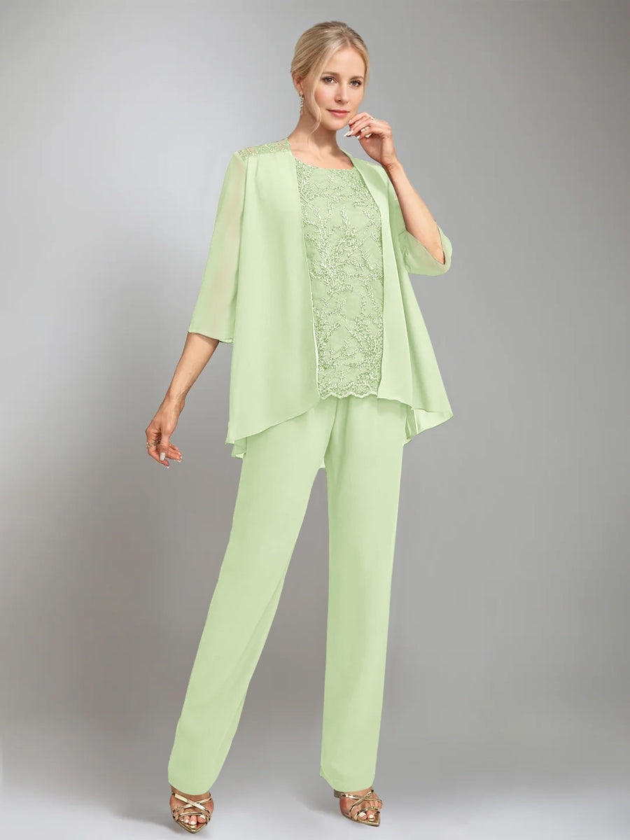 3 Morceaux Scoop Sans Manches La Longueur du SolTailleurs-pantalons pour mère de la mariée avec veste